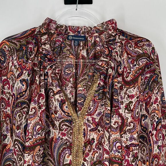NWT DEMOCRACY Top XL 3/4 Blouson Sleeve Ruffle Split V-Neck Printed Sage Berry - Picture 7 of 16